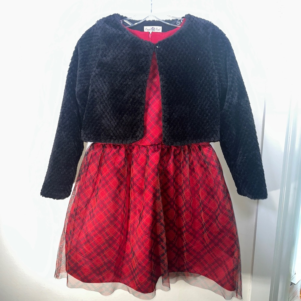 Purple Rose Girls Red Plaid Dress and Black Faux Fur Shrug Set Size 16 SDG600